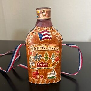 Puerto Rico Decanter Canteen/Flask Tooled Leather Covered Glass Cover. NWOT